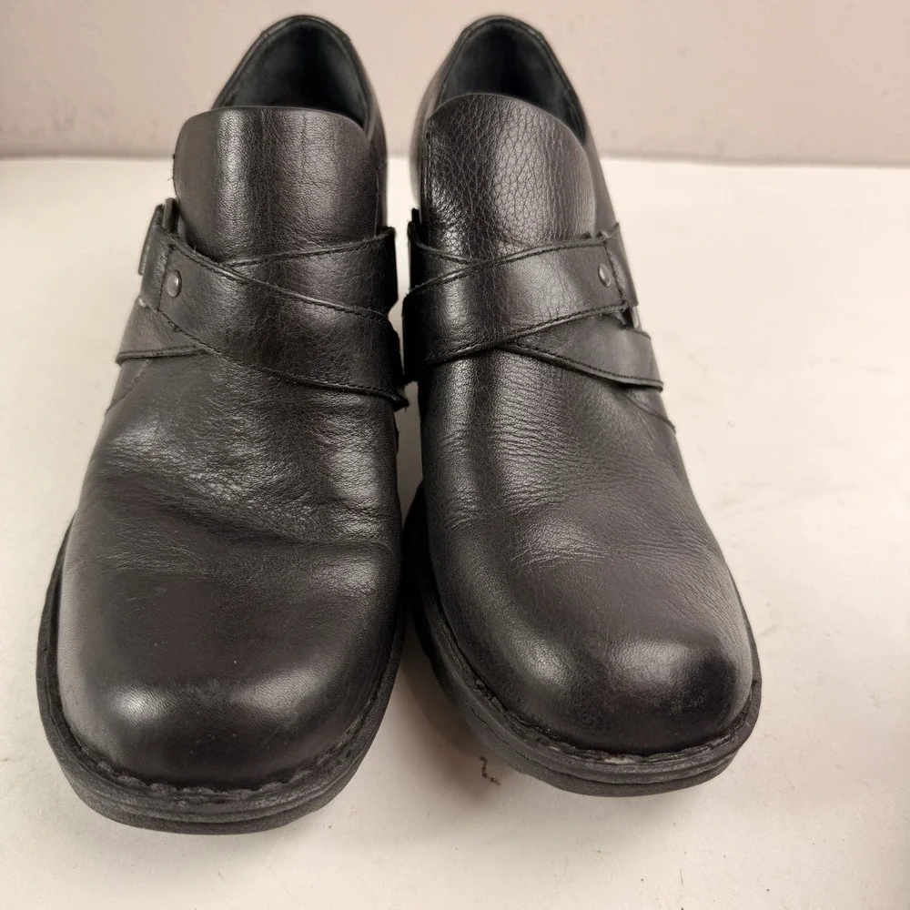 Born Dollie Women 9.5 Platform Ankle Bootie Black Leather Block Heel Clogs Shoes